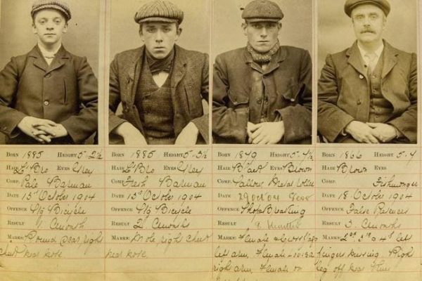 Police mug photos and descriptions of four Peaky Blinder gang members. Photo by anonymous (date unknown).