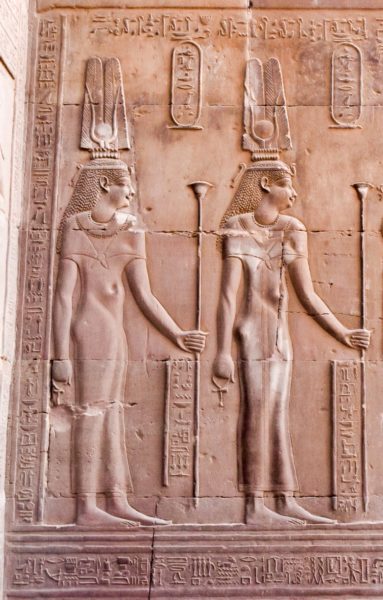 Bas-relief of Cleopatra II and Cleopatra III from the Kom Ombo Temple, Egypt. Photo by Sandy Ross (2019).
