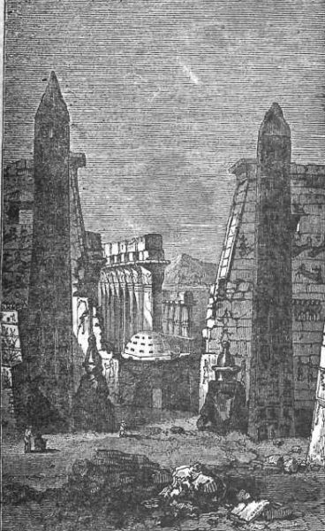 Illustration of original obelisks at entrance to Luxor Temple. The obelisk on the right now stands in the center of Place de la Concorde. Illustration by anonymous (c. 1832). “The Penny Magazine of the Society for the Diffusion of Useful Knowledge.” PD-Published before 1924. Wikimedia Commons.