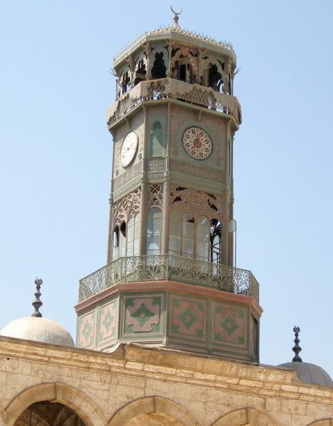 Cairo Citadel clock tower. The clock given to The Pasha by the French government is facing the courtyard. Photo by Sumurai8 (2006). PD-GNU Free Documentation License. Wikimedia Commons.