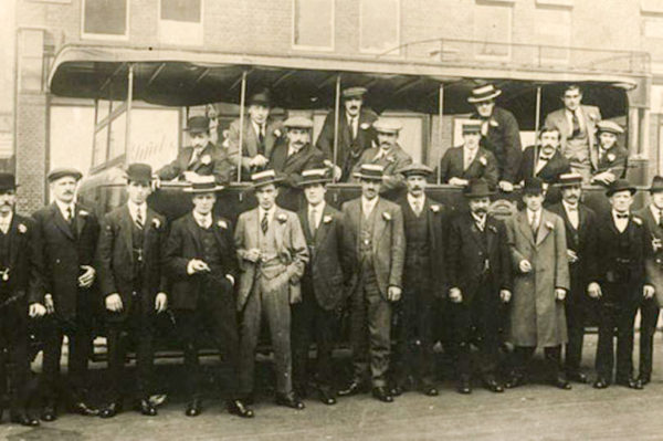 London gang associated with racecourse wars. Billy Kimber is in back row, second from right, standing. Photo by anonymous (c. 1920s). 