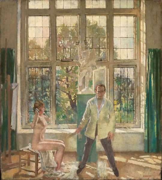 Self-portrait of William Orpen with a model entitled “Summer Afternoon.” Painting by William Orpen (c. 1913). Museum of Fine Arts. PD-80+. Wikimedia Commons.