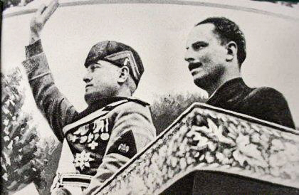 Sir Oswald Mosley (right), BUF leader and Benito Mussolini (left), Italian fascist leader and Italian Prime Minister. Photo by anonymous (c. 1936). PD-Copyright Expired. Wikimedia Commons.