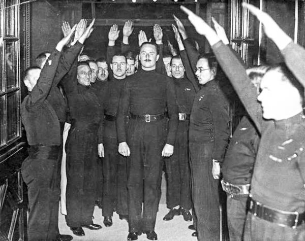 Sir Oswald Mosley being saluted by fascists in Bristol, England in 1934. Photo by anonymous (1934). Encyclopedia Britannica, Inc.