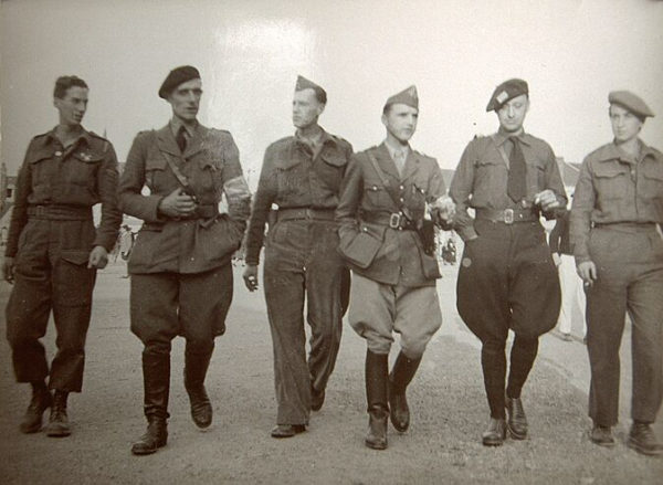 Pearl Witherington (far right) and other French Resistance leaders after D-Day including her husband, Henri Cornioley (third from left). Photo by anonymous (c. 1944). Courtesy of Herve Larroque.