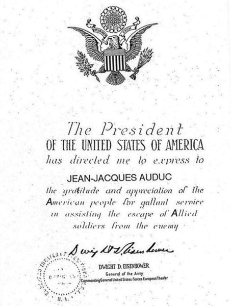 Proclamation issued to Jean-Jacques Auduc by General Dwight D. Eisenhower. Photo by anonymous (c. 1945). Courtesy of Ken Kirk. 