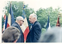 Mr. Alfred Auduc (left – Jean-Jacques’s father) and Colonel (ret.) Maurice Buckmaster (right – former head of SOE Section F) at the commemoration of the monument honoring the sixty-four resistant deportees of the Hercule-Sacristain-Buckmaster network. Photo by anonymous (18 June 1967). Courtesy of the Musée de la Résistance en Ligne.