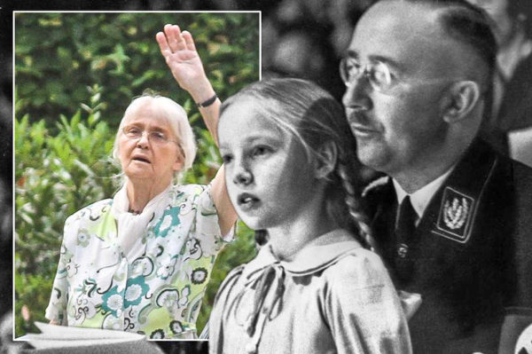 Gudrun Himmler (left) outside her Munich residence in June 2011. On the right is an image of Gudrun and her father, Heinrich Himmler, at a Nazi rally in 1938. Photos by anonymous.