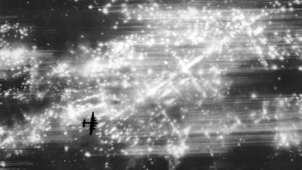 RAF bombers dropping incendiary bombs on Dresden. Photo by anonymous (February 1945). Getty Images.