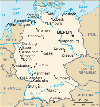 Simple map of Germany. Oder River separates Poland and Eastern Germany. Map and image by anonymous (date unknown). 