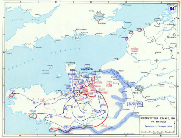 Map of Normandy Breakout, 1 August – 13 August 1944. Photo and map by anonymous (date unknown).