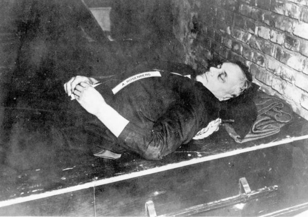 The body of Alfred Rosenberg after his execution, 16 October 1946. Photo by anonymous (16 October 1946). PD-U.S. Government. Wikimedia Commons. 
