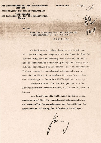 Göring’s letter to Heydrich authorizing submission of a plan for the Final Solution. Photo by anonymous (date unknown).