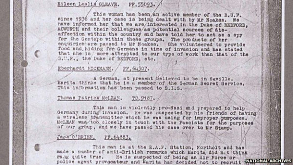 Section of Eric Roberts’s report to MI5. Notice the report on Eileen GLEAVE FF55093. “She volunteered to provide food and hiding for the Germans in time of invasion and has stated that she is more attracted to our type of work than that of the B.U.F., the Duke of BEDFORD, etc.” Photo by anonymous (date unknown). National Archives.