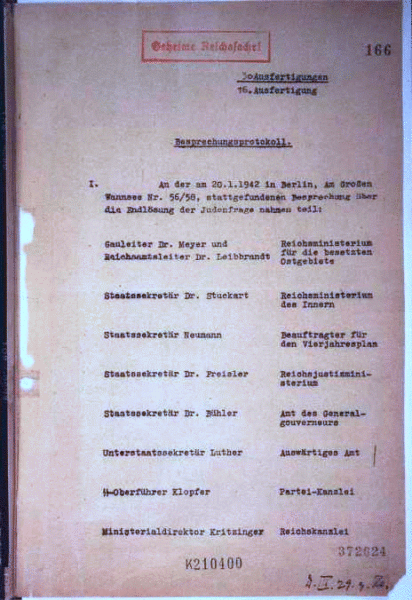 First page of the Wannsee Conference minutes. Photo by anonymous (date unknown). PD-German copyright law. Wikimedia Commons.