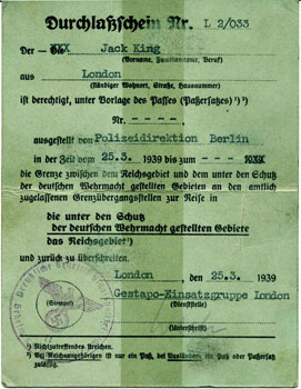 Jack King’s Gestapo identification card. Photo by anonymous (date unknown). 