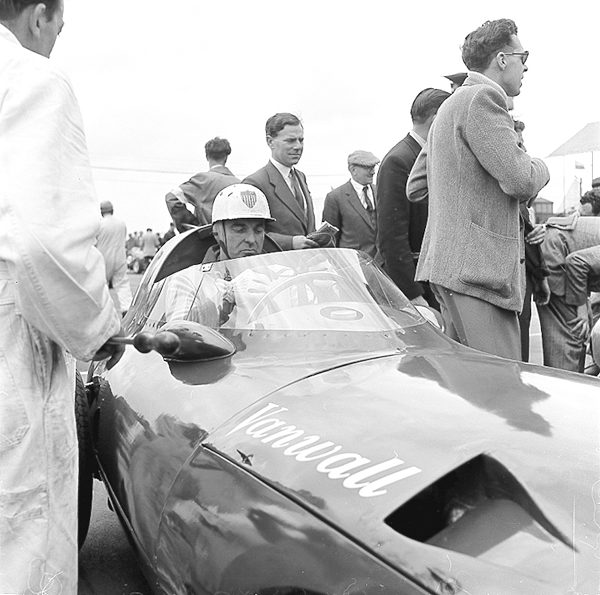 Harry Schell prior to the start of a non-Championship Formula One race at Silverstone, England. Photo by anonymous (5 May 1956).