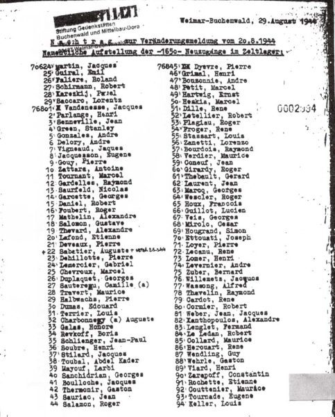 Official SS list of men arriving at Buchenwald on 20 August 1944. Jacques Boulloche is number 41. Photo by anonymous (date unknown). Courtesy of Stanley Booker.