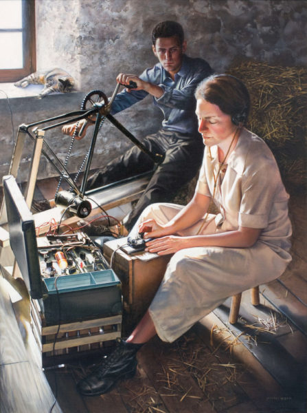 Les Marguerites Fleuriront ce Soir (“The daisies will bloom at night”). Virginia Hall operating her wireless. Painting by Jeffrey W. Bass (2006). Central Intelligence Agency. PD-U.S. Government. Wikimedia Commons.