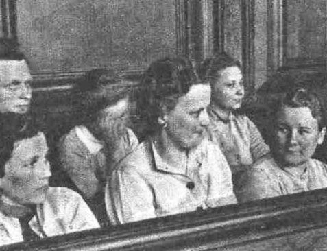 Female guards of KZ Stutthof at a Gdańsk war trial held before the Special Law Court. Former camp guard, Jenny-Wanda Barkmann is in the second row, far right. Photo by anonymous (between 25 April and 31 May 1946). PD-Poland Public Domain. Wikimedia Commons.