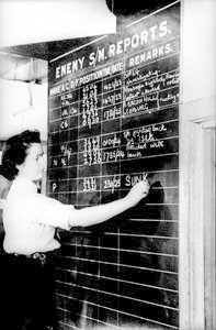 A Wren updating one of the Western Approaches Command data boards. Photo by anonymous (date unknown). 