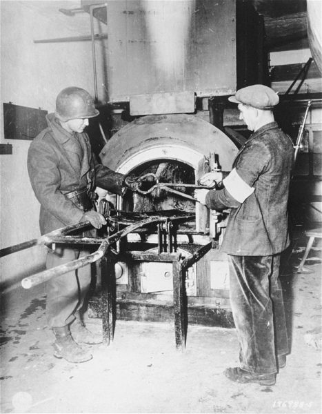 An American soldier and a member of the French Resistance inspect the crematorium in the Natzweiler-Struthof concentration camp. United States Holocaust Memorial Museum. Photo by anonymous (2 December 1944). PD-U.S. Government. Wikimedia Commons.
