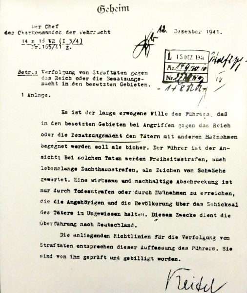 Official Nacht und Nebel Decree orders dated 12 December 1941 and signed by Field Marshal Keitel. Photo by anonymous (date unknown). 