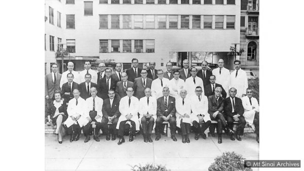 Dr. Gisella Perl, bottom left-front row, was the only female doctor on the staff at the Department of Obstetrics and Gynecology at Mount Sinai Hospital. Photo by anonymous (c. 1966). Courtesy of Mount Sinai Archives.