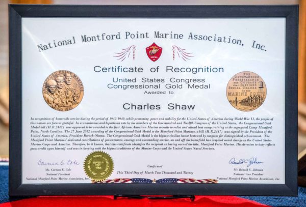 Congressional Gold Medal Certificate of Recognition posthumously awarded by the National Montford Point Marine Association to Charles Shaw on 3 March 2020. Photo by anonymous (c. March 2020).