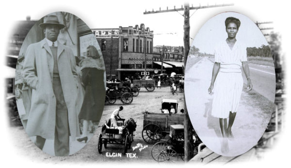 Charles Shaw (left) and Sarah (right) superimposed on photo of downtown Elgin, Texas. Photo by anonymous (c. 1930s). 