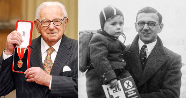 On the left, Sir Nicholas Winton after receiving his Knighthood from Queen Elizabeth II. Photo by John Stillwell (c. 2003) WPA/Rota. On the right, Nicholas Winton holding Hansi Beck. Hansi will be put on a plane to England. Sadly, the child later died of an inner ear infection. Photo by Pa/PA Archive (c. early 1939). Yad Vashem Photo Archives. 