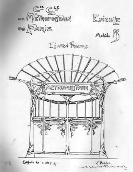 Guimard’s illustration for front elevation of a style B station. Illustration by Hector Guimard (date unknown). Wikimedia Commons.