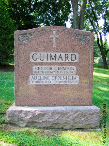 Hector and Adeline Guimard’s grave in the Gate of Heaven Cemetery, Westchester County, NY. A rather simple headstone when compared to the Art Nouveau designs Guimard created during his career. Photo by Joe Price (date unknown). Find a Grave.