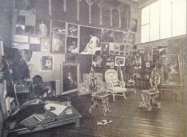 Interior of Adeline’s Paris art studio. Notice the four large windowpanes in the upper right corner. These can be seen from the exterior of the building in the nearby image of Hôtel Guimard. Photo by anonymous (c. 1900s). 