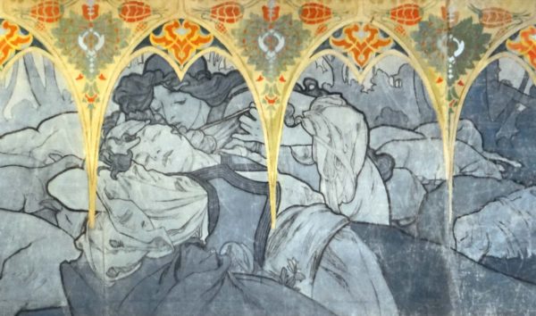 Detail of the mural at the Pavilion de la Bosnie-Herzégovine during the Paris Exhibition of 1900. Mural painting by Alfonse Mucha (c. 1900). Photo by Jean-Pierre Dalbéra (June 2014). PD-CCA 2.0 Generic. Wikimedia Commons.