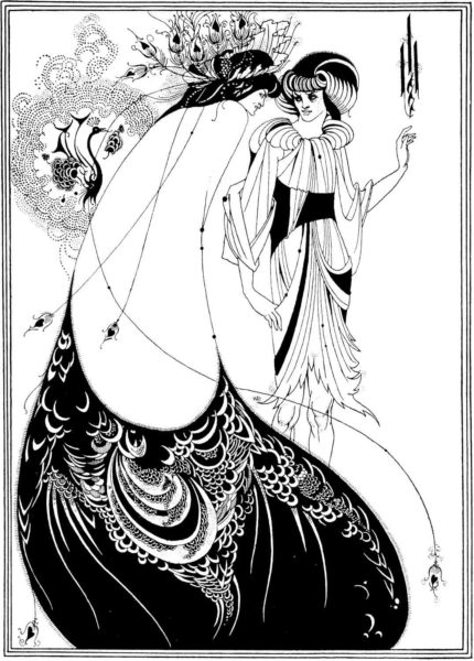 “The Peacock Skirt” for Oscar Wilde’s play, “Salomé” (1892). Illustration by Aubrey Beardsley (c. 1892). PD-Author’s Life + 100 years or fewer. Wikimedia Commons.
