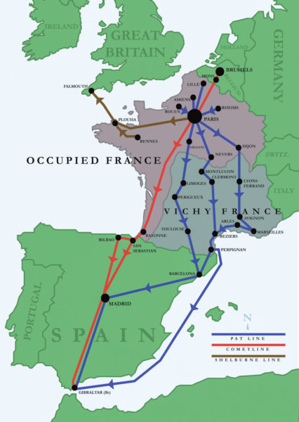 Map of the routes used to guide downed airmen out of occupied Europe. The three major lines represented are the Pat O’Leary, Comet, and Shelburne. Map by the National Museum of the United Air Force (c. 2009). PD-U.S. Government. Wikimedia Commons.