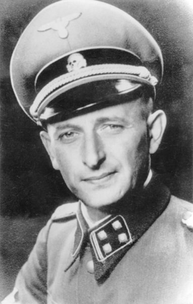 SS-Obersturmbannführer Adolf Eichmann, head of RSHA (Reich Security) Department IV B4, or Jewish Affairs. Eichmann was responsible for the deportations and elimination of European Jews. Photo by anonymous (c. 1941−1943). PD-Expired copyright. Wikimedia Commons.