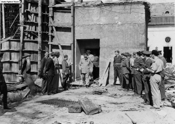 Winston Churchill exiting Hitler's bunker, 1945. Public Domain.