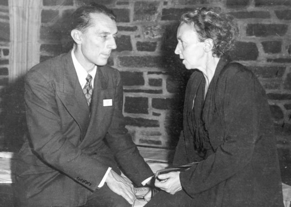 Frédéric Joliot (1900−1958) and Iréne Joliot-Curie (1897−1956), Nobel Prize co-winners for chemistry in 1935. Photo by James Lebenthal (c. 1940s). PD-No copyright restrictions. Wikimedia Commons.