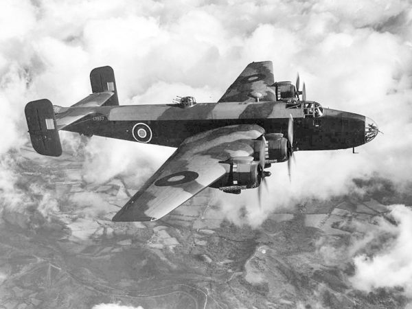 British Halifax bomber. Photo by anonymous (date unknown). PD-UK Government. Wikimedia Commons.