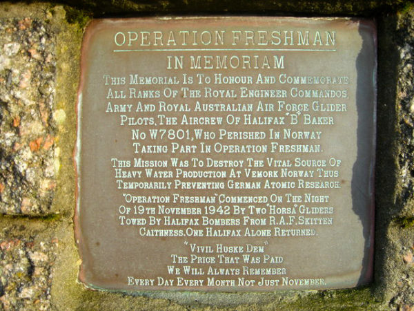 Operation Freshman Memorial located at the site of the former RAF Skitten airfield in northern Scotland. Photo by David Glass (January 2008). PD-CCA-Share Alike 2.0 Generic. Wikimedia Commons. 