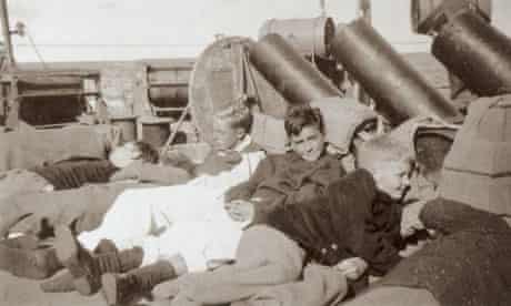 Benares survivors rescued by the HMS Hurricane. Colin Ryder Richardson is on the far right. Photo by anonymous (c. September 1940). 