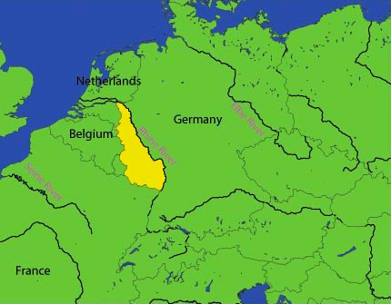 The Rhineland highlighted in yellow. Map by demonbug (2007). PD-Author release. Wikimedia Commons.