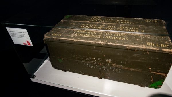 Evidence box used during the Nuremburg trials. It was used to transport evidence documents captured by the Allied armies. Photo by Maksym Chornyi (date unknown). Memorium Nuremburg Trials by Maksym Chornyi. https://war-documentary.info