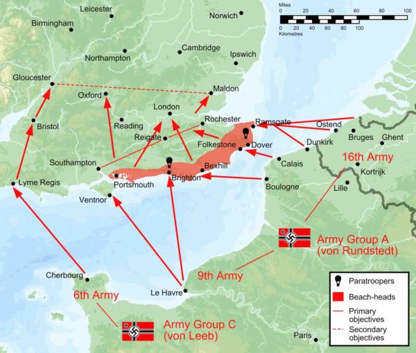 Plan of battle for Operation Sea Lion. Map created by User: Wereon (c. 2013). PD-Author release. Wikimedia Commons.