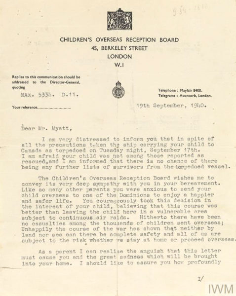 Condolence letter from Geoffrey Shakespeare and the CORB informing Tom Myatt that his child, Beryl, was not rescued and there is no chance of any other survivors being named. Photo by anonymous (19 September 1940). Imperial War Museum. Documents 5973/A.