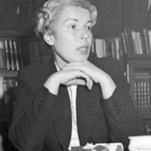 Mildred E. Gillars (née Sisk), aka “Axis Sally” during one of her interrogation sessions at Camp King. Photo by anonymous (date unknown). Baatz/AP.