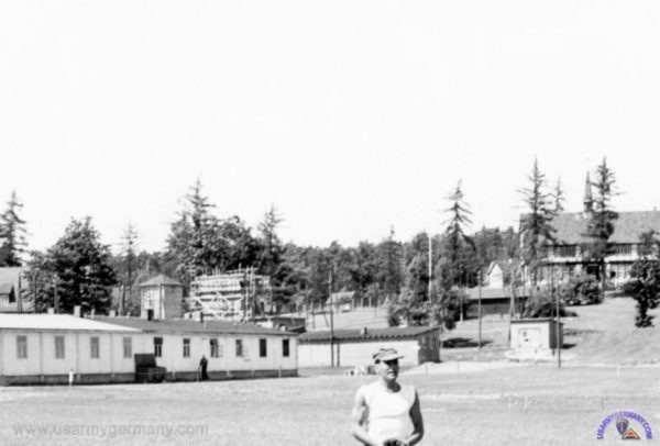 Officer’s club building at Camp King (on hill in the background). Photo by anonymous (c. 1953). www.usarmygermany.com.