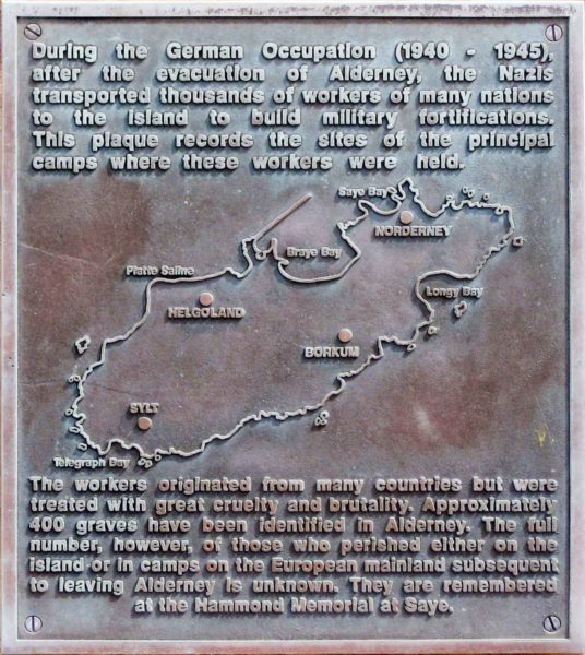 Plaque reflecting the locations of the four labor camps on Alderney during World War II. Photo by Andree Stephan (2007). PD-CCA 3.0 Unported. Wikimedia Commons.